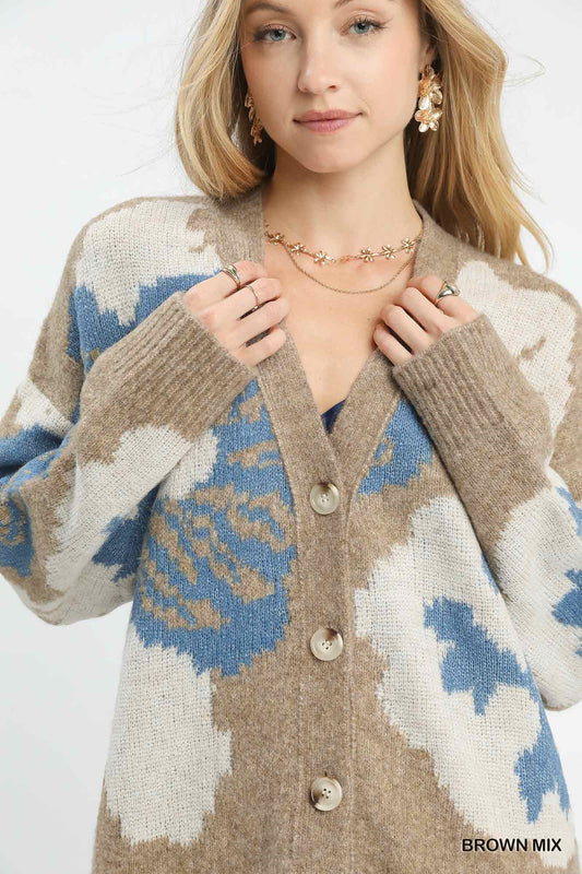 UMGEE Flower Print Button Down Cardigan