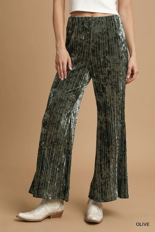 UMGEE Velvet Pleated Wide Leg Pants Olive