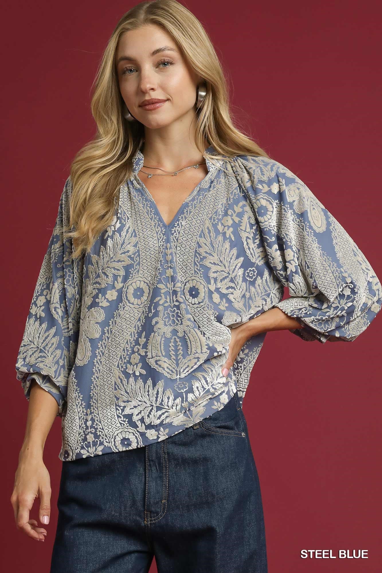 UMGEE Damask Print Velvet Split Neck Top Steel Blue