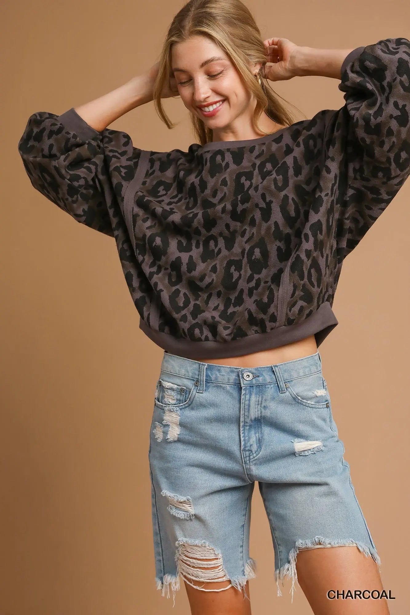 UMGEE Leopard Print Pullover Sweatshirt with Contrast Trim Charcoal