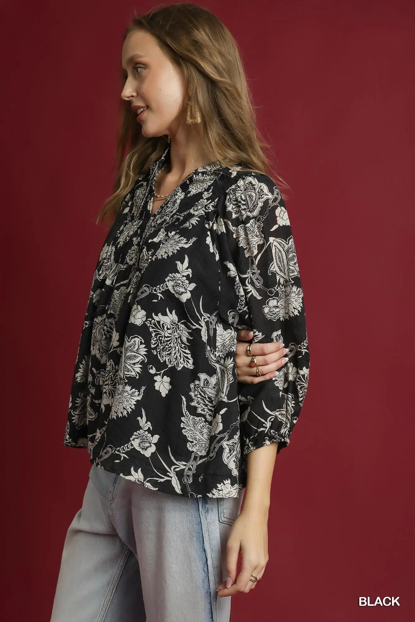 UMGEE Two Tone Floral Print Boho Blouse