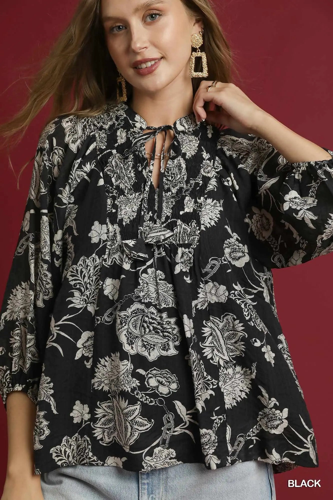 UMGEE Two Tone Floral Print Boho Blouse