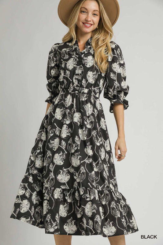 UMGEE Floral Print Button Down Midi Dress