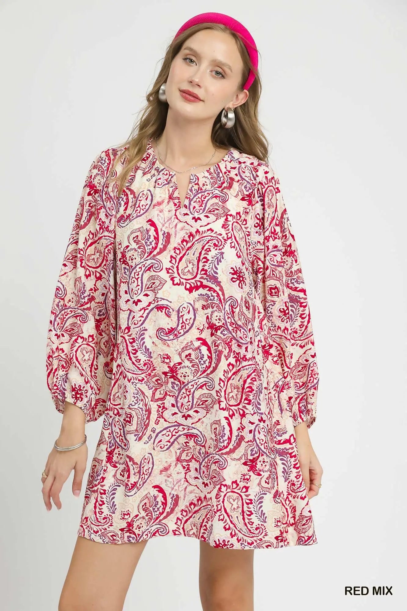 UMGEE Red Mix Paisley Print Tiered Mini Dress * Market Special *