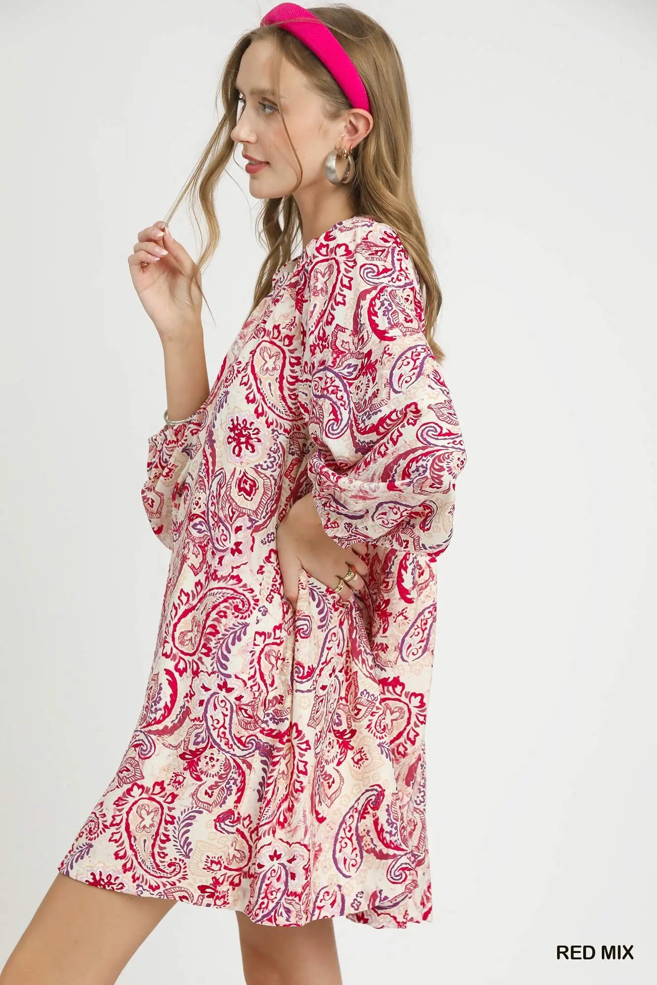 UMGEE Red Mix Paisley Print Tiered Mini Dress * Market Special *
