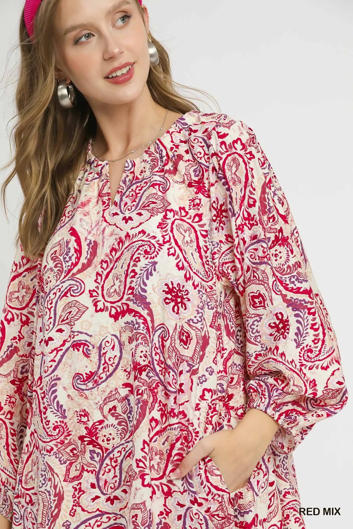UMGEE Red Mix Paisley Print Tiered Mini Dress * Market Special *