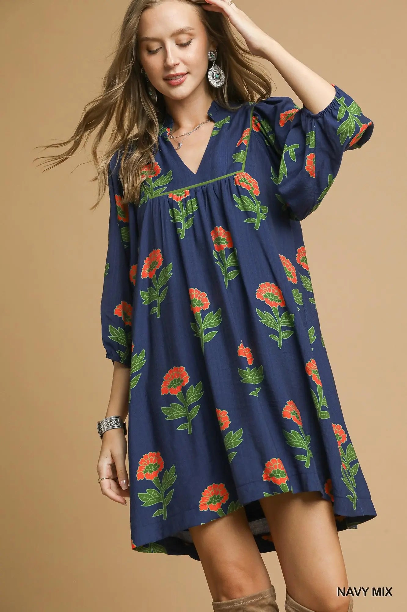 UMGEE Floral Print Babydoll Tunic Dress Navy Mix