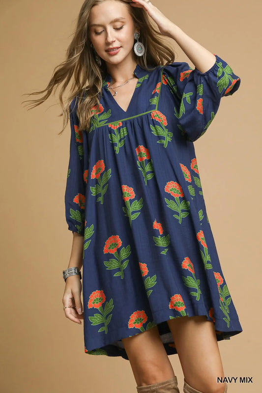 UMGEE Floral Print Babydoll Tunic Dress Navy Mix