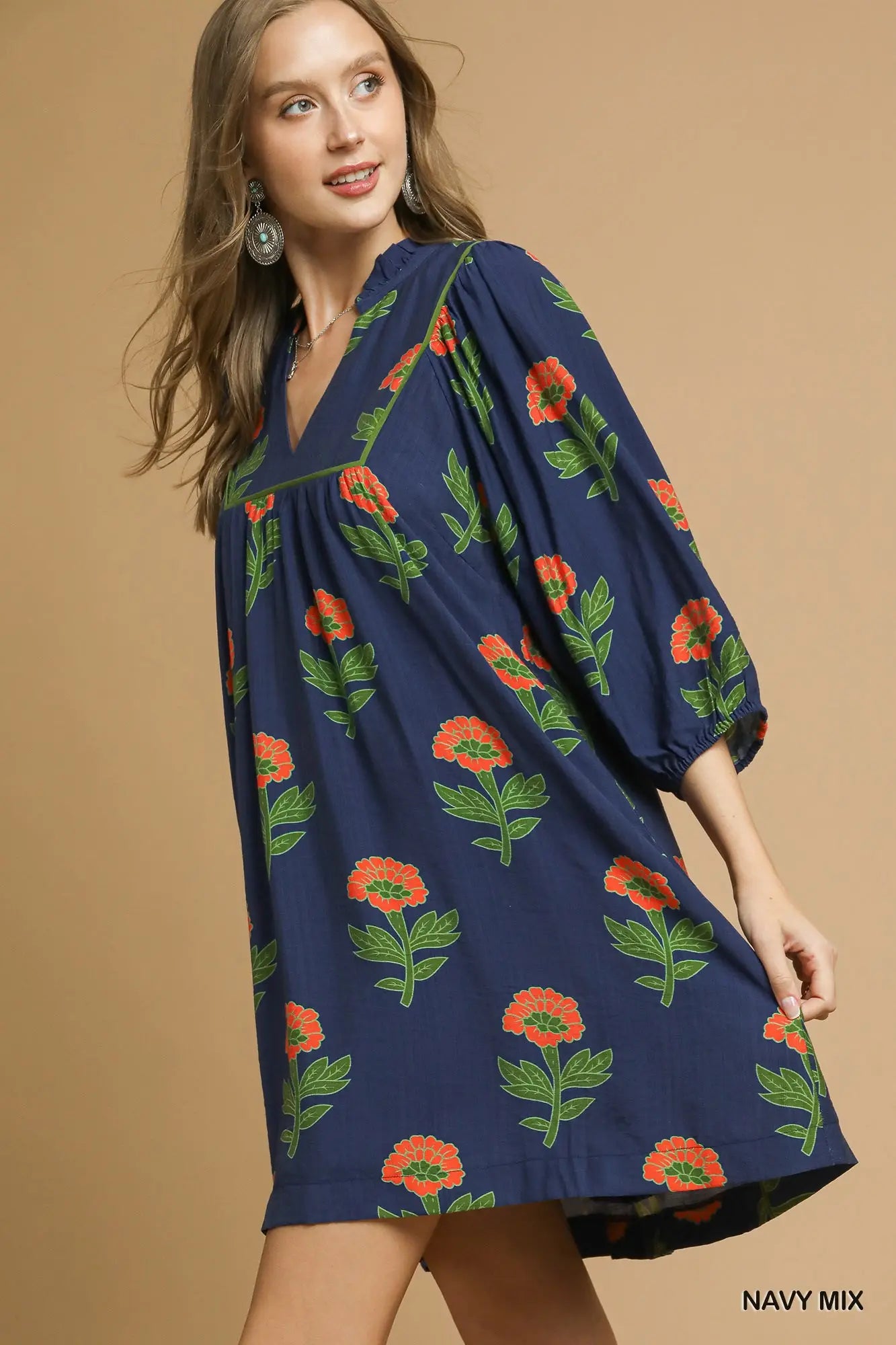 UMGEE Floral Print Babydoll Tunic Dress Navy Mix