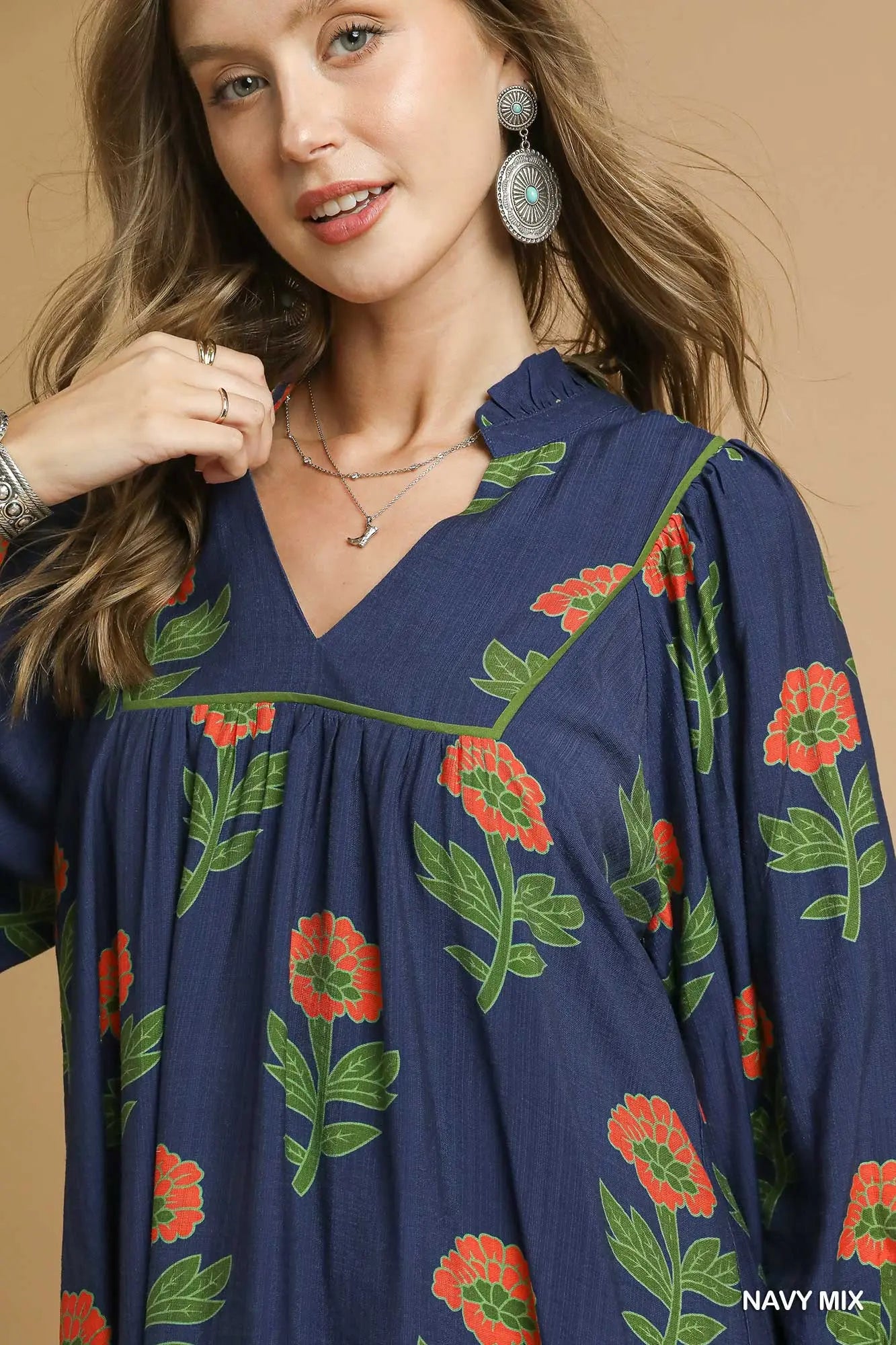UMGEE Floral Print Babydoll Tunic Dress Navy Mix