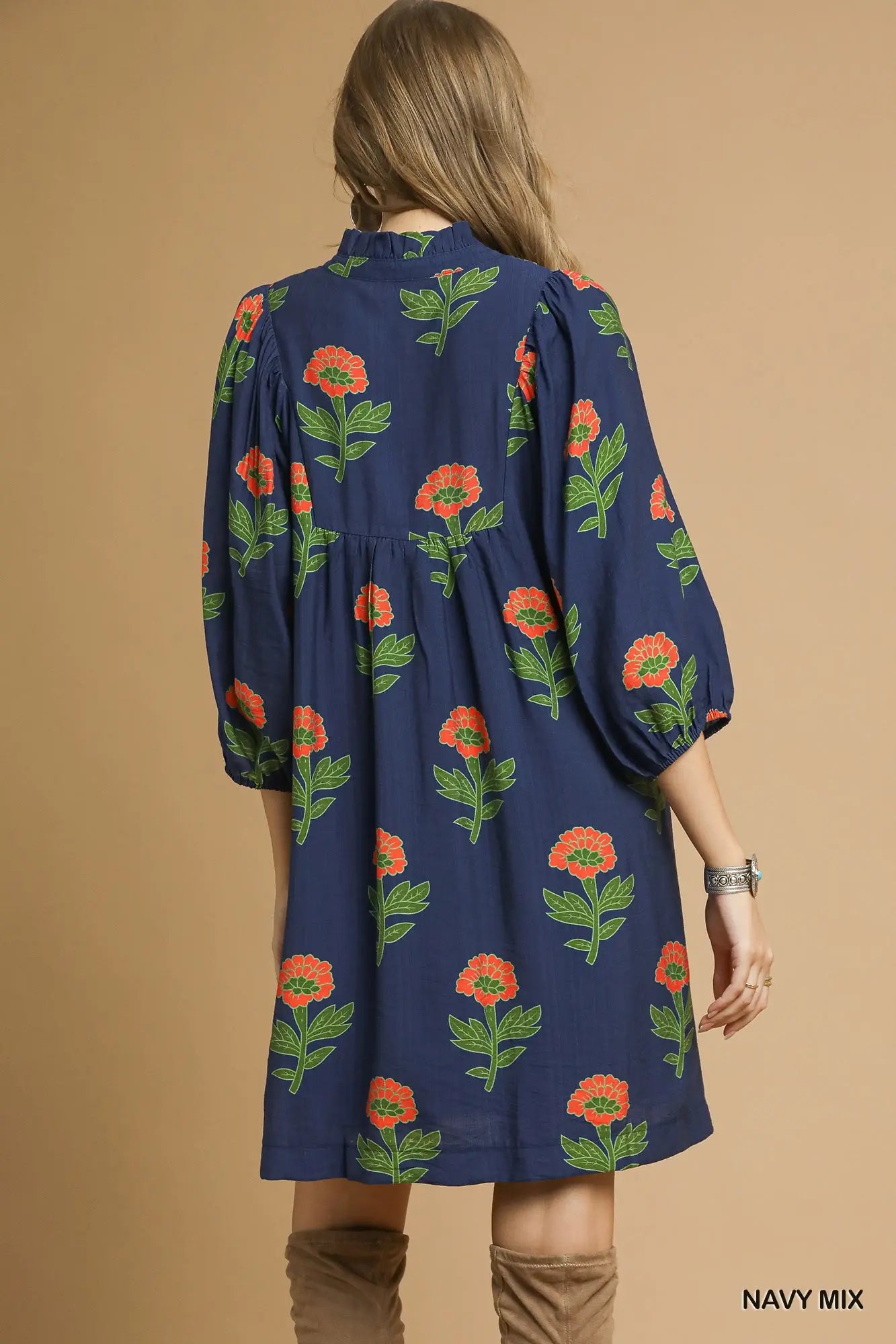 UMGEE Floral Print Babydoll Tunic Dress Navy Mix