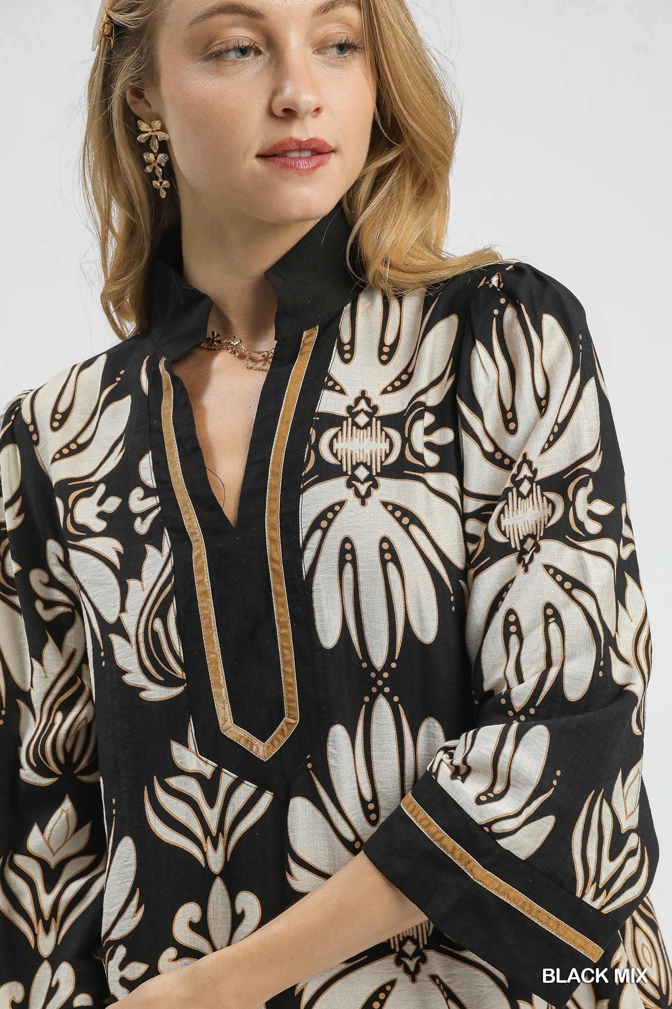UMGEE Baroque Floral Tunic Top with Gold Trim Black Mix
