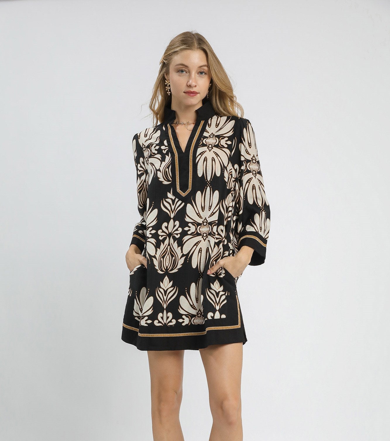 UMGEE Baroque Floral Tunic Top with Gold Trim Black Mix