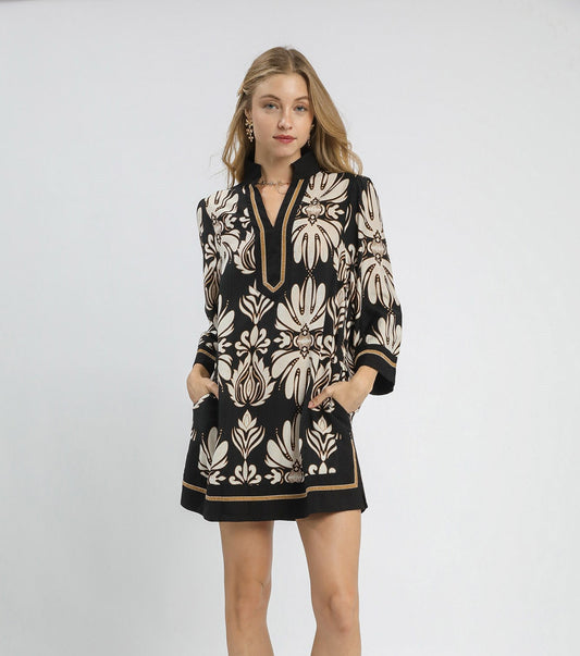 UMGEE Baroque Floral Tunic Top with Gold Trim Black Mix