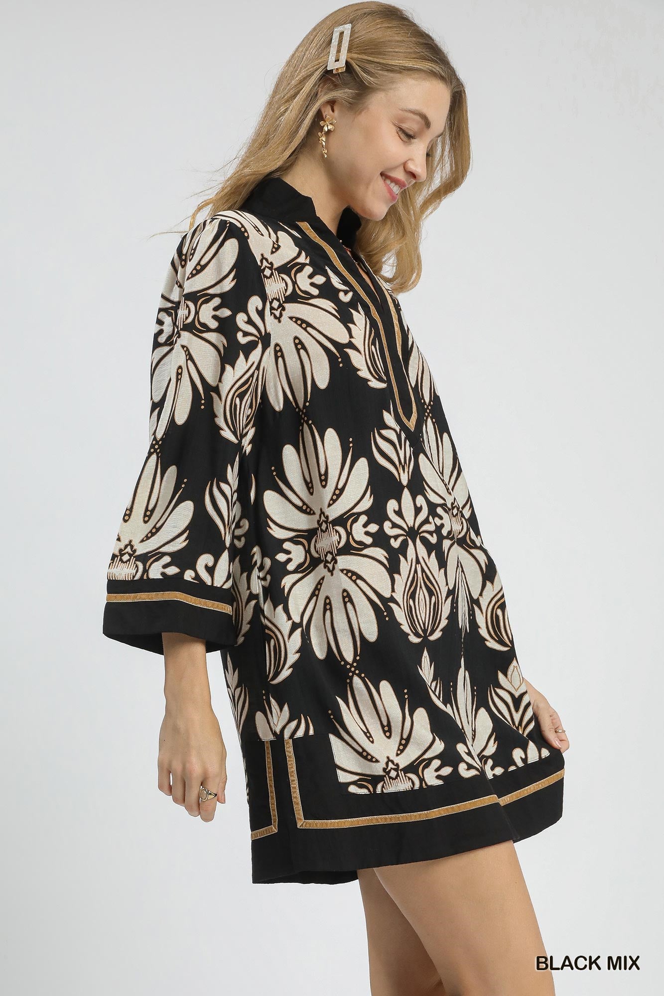 UMGEE Baroque Floral Tunic Top with Gold Trim Black Mix