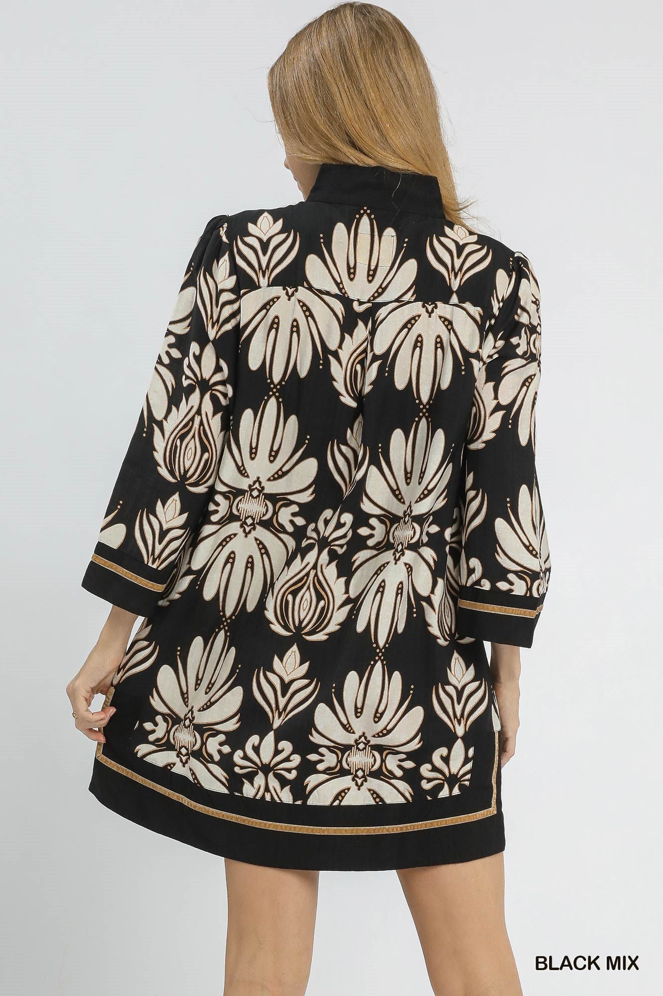 UMGEE Baroque Floral Tunic Top with Gold Trim Black Mix