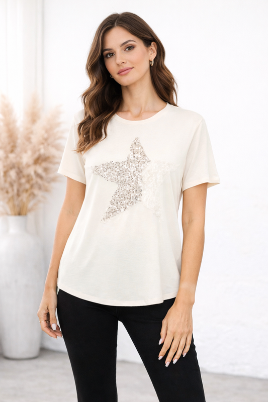 ORIGAMI Beige Lace and Sequin Star Top