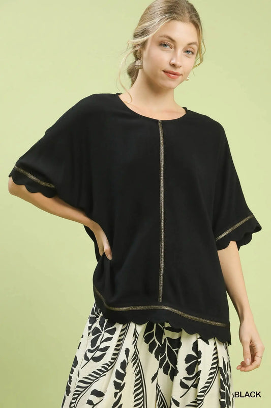 UMGEE Black Linen Blend Scallop Trim Top