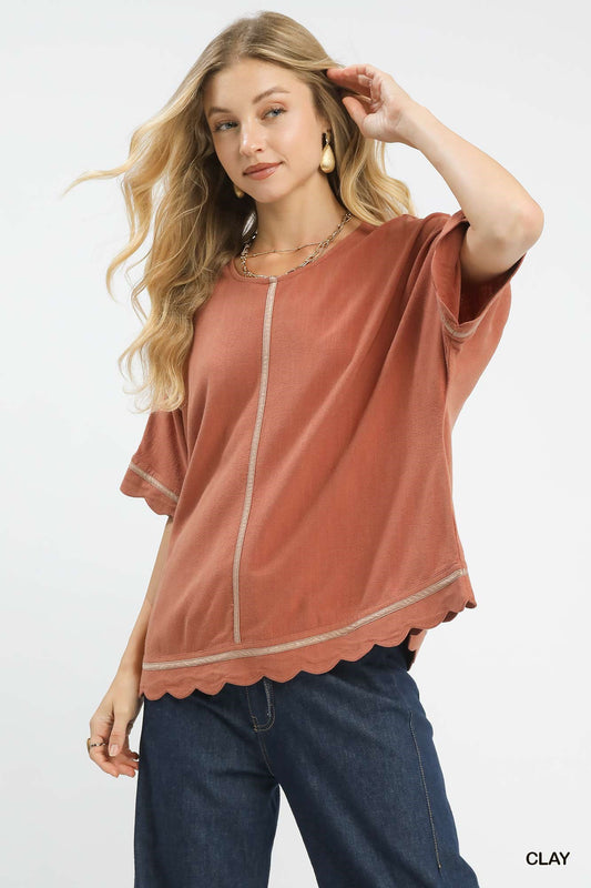 UMGEE Clay Linen Blend Scallop Trim Top