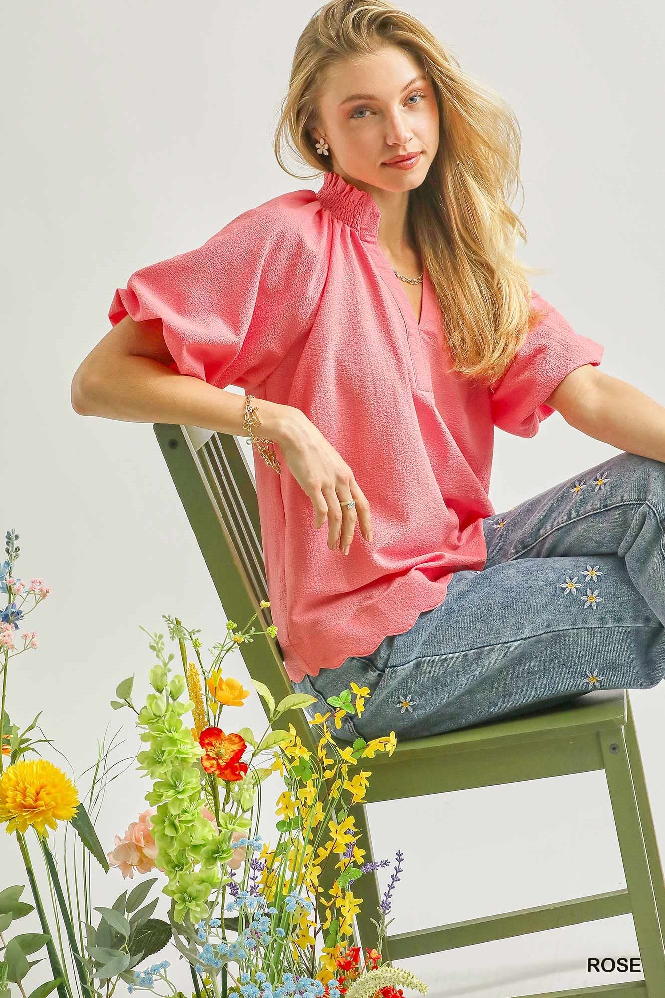 UMGEE Rose Scalloped Top