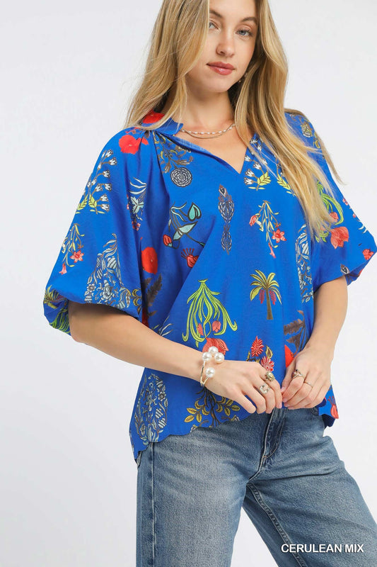 UMGEE Cerulean Floral Print Top