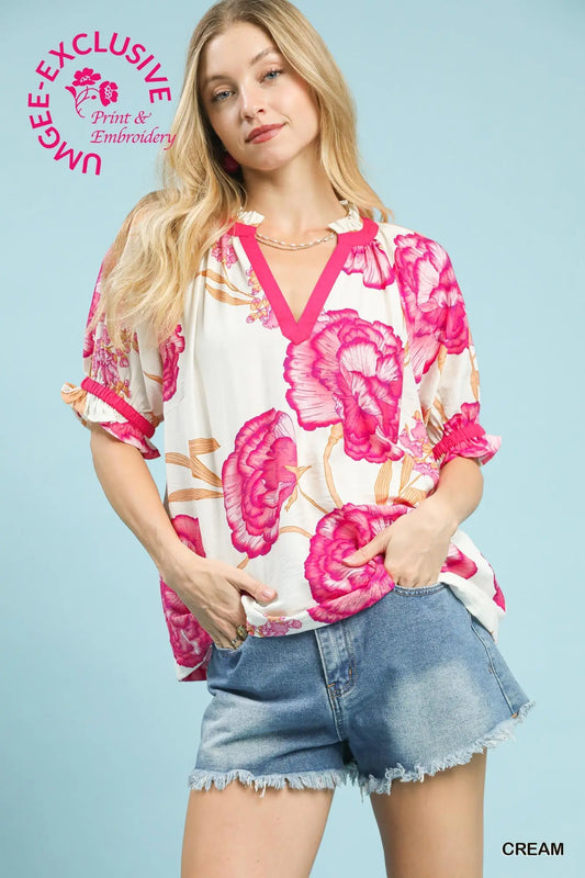 UMGEE Cream Floral V-Neck Puff Sleeve Top