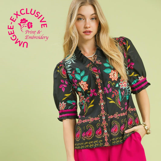 UMGEE Botanic Paisley Print Puff Sleeve Top
