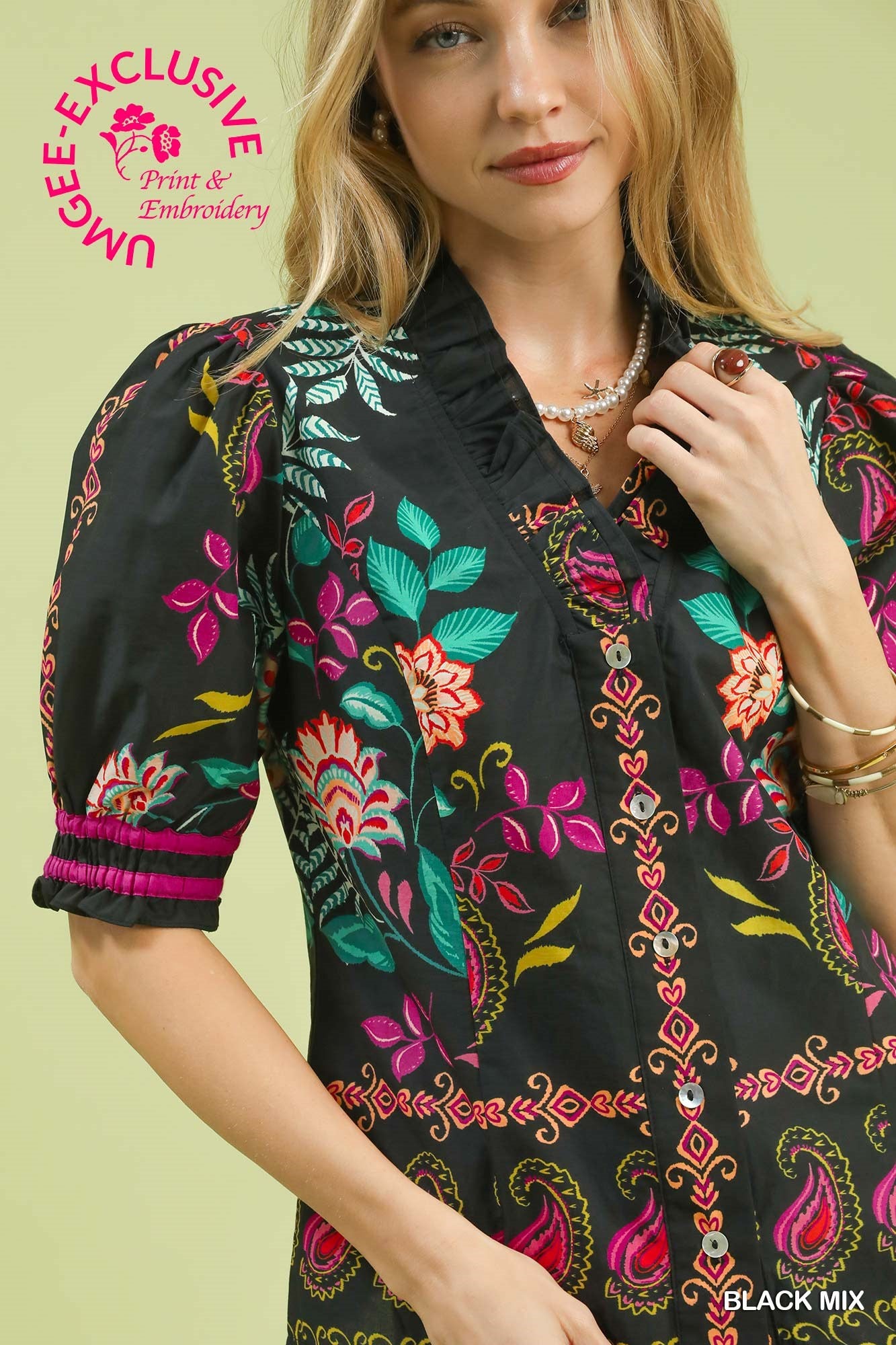 UMGEE Botanic Paisley Print Puff Sleeve Top