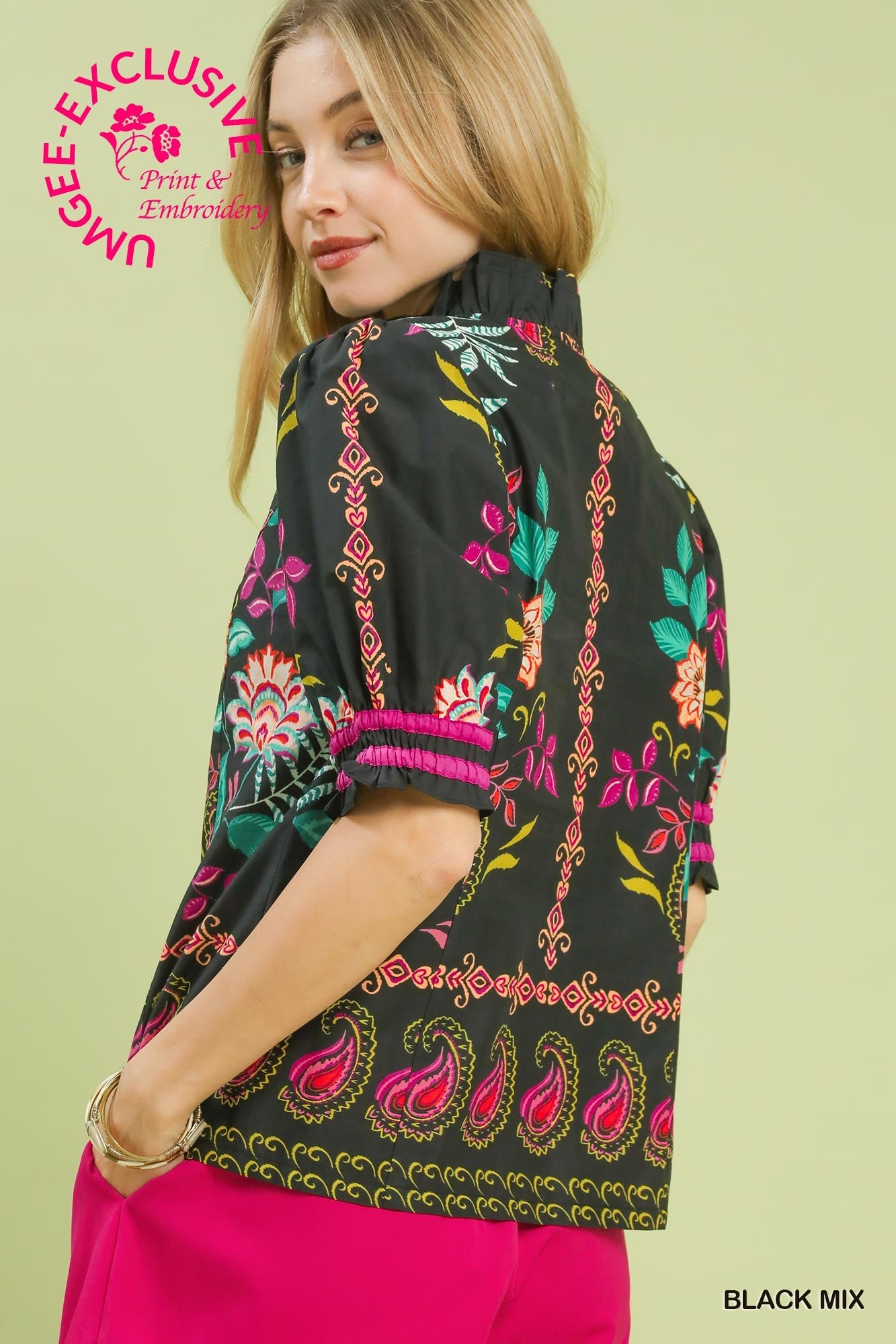 UMGEE Botanic Paisley Print Puff Sleeve Top