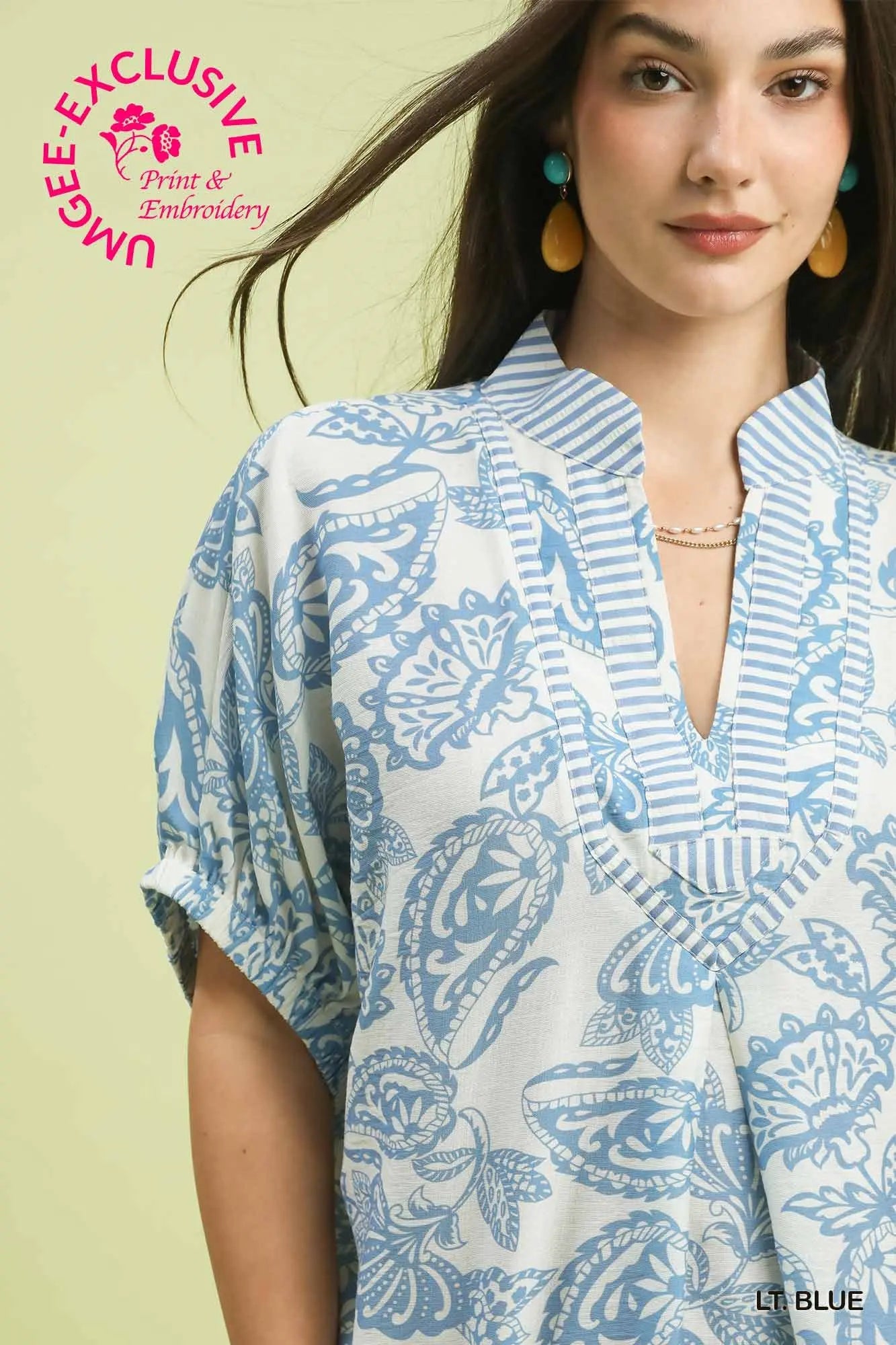UMGEE Lt. Blue Botanical Print Tunic Top