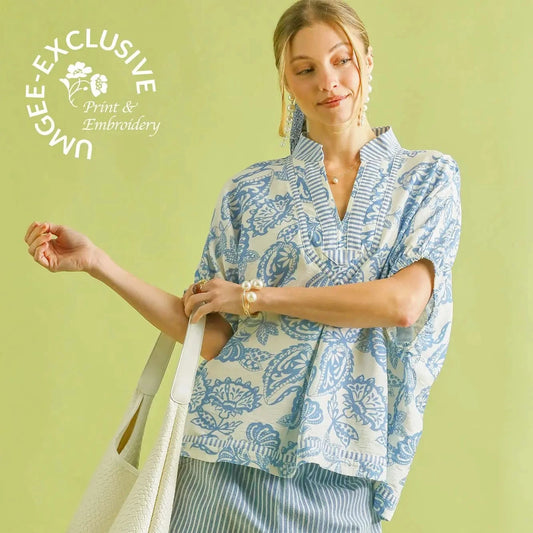 UMGEE Lt. Blue Botanical Print Tunic Top
