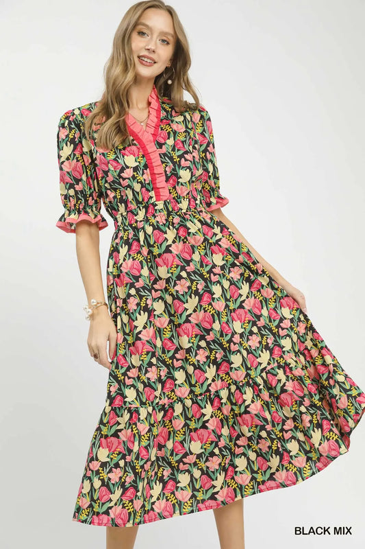 UMGEE Black Floral Ruffle Midi Dress