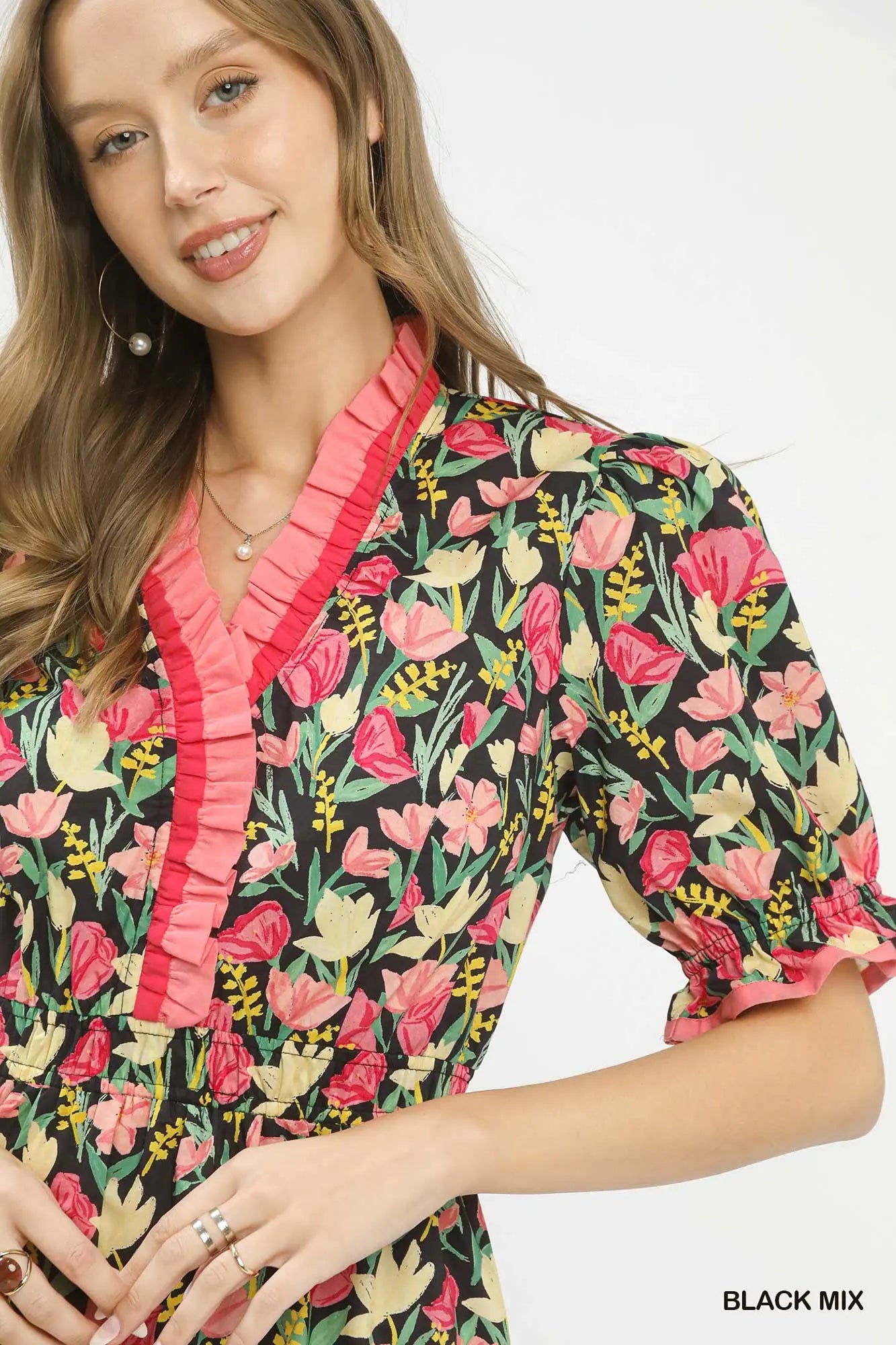 UMGEE Black Floral Ruffle Midi Dress