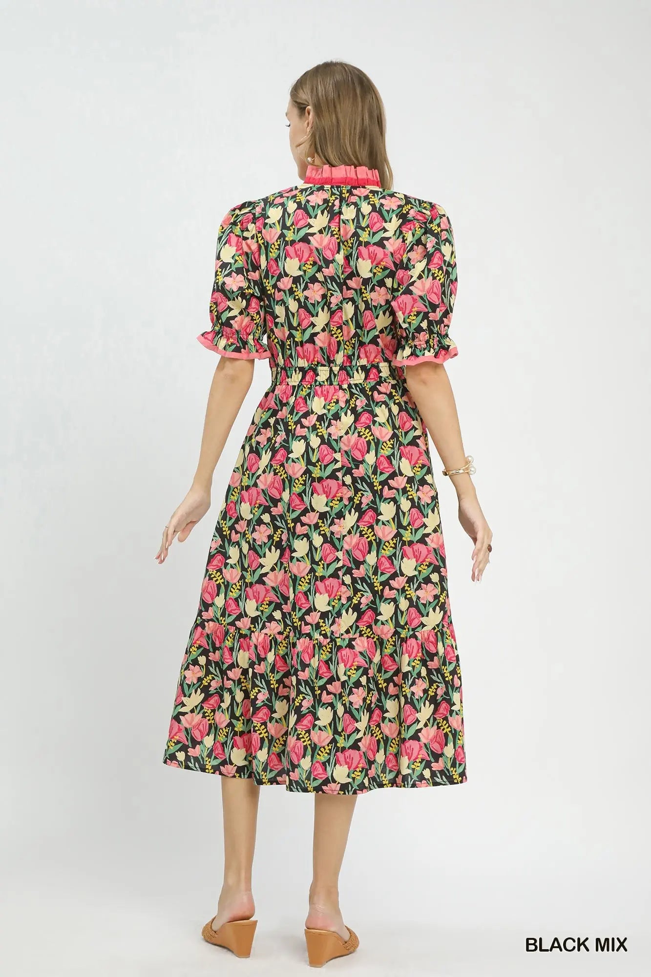 UMGEE Black Floral Ruffle Midi Dress