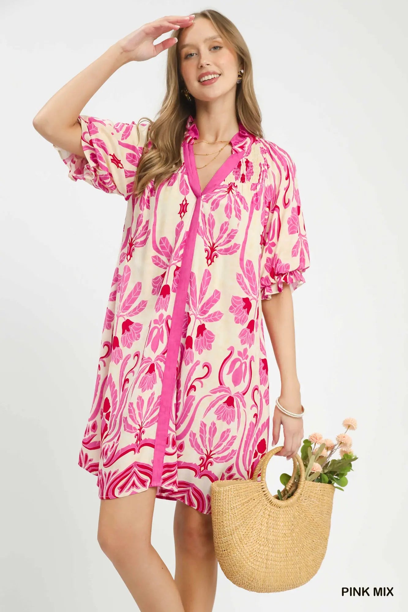 UMGEE Pink Boho Smocked Neck Contrast Trim Shift Dress