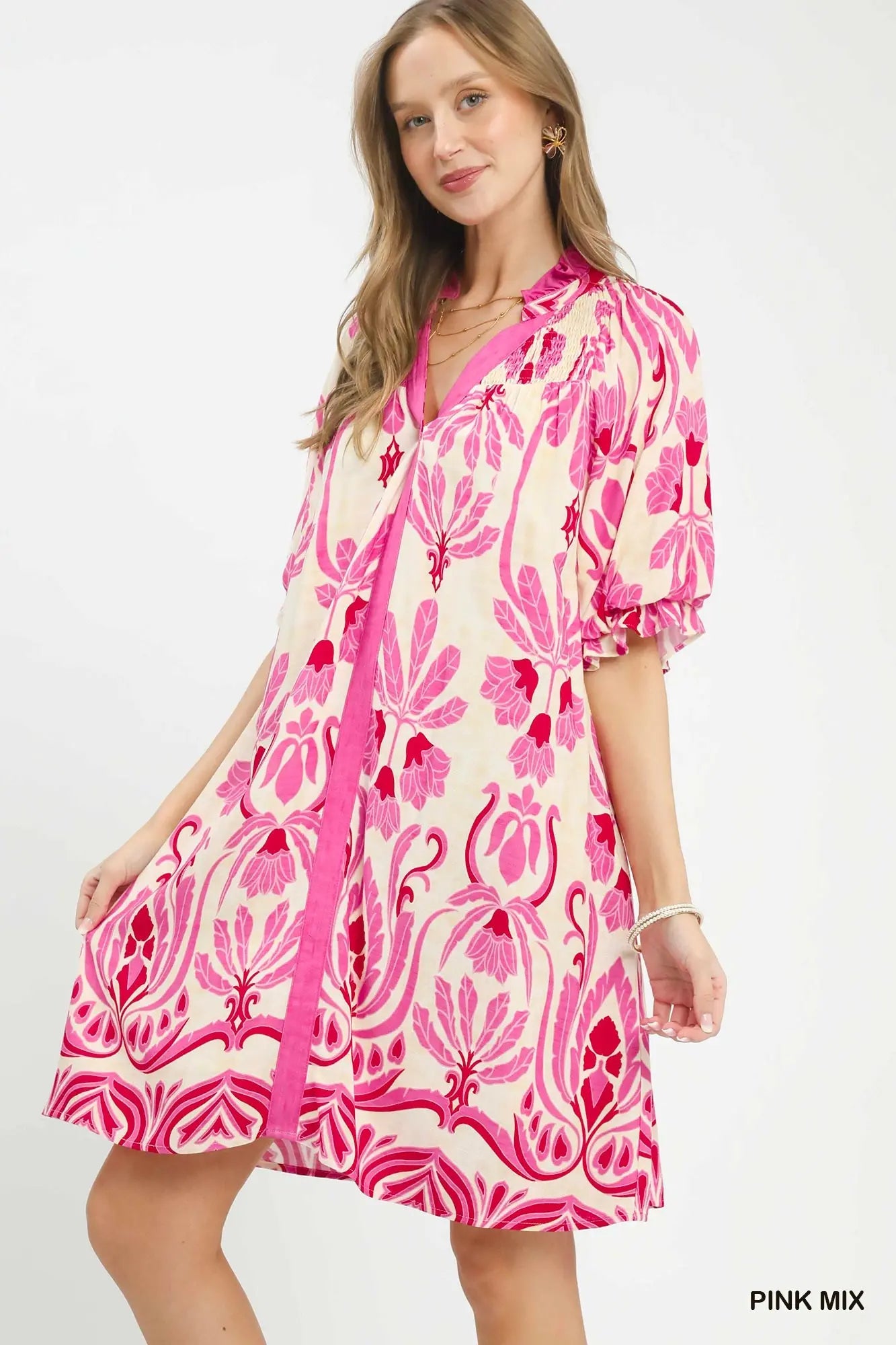 UMGEE Pink Boho Smocked Neck Contrast Trim Shift Dress