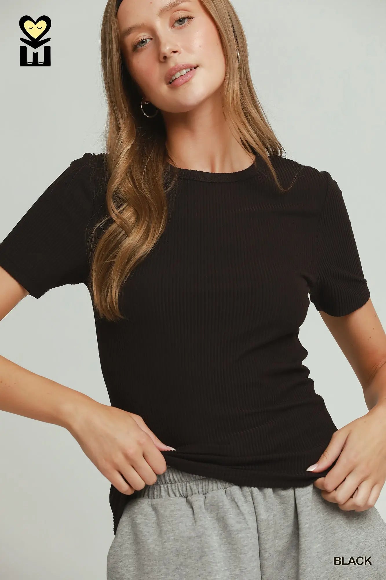 UMGEE Black Rib Short Sleeve Top