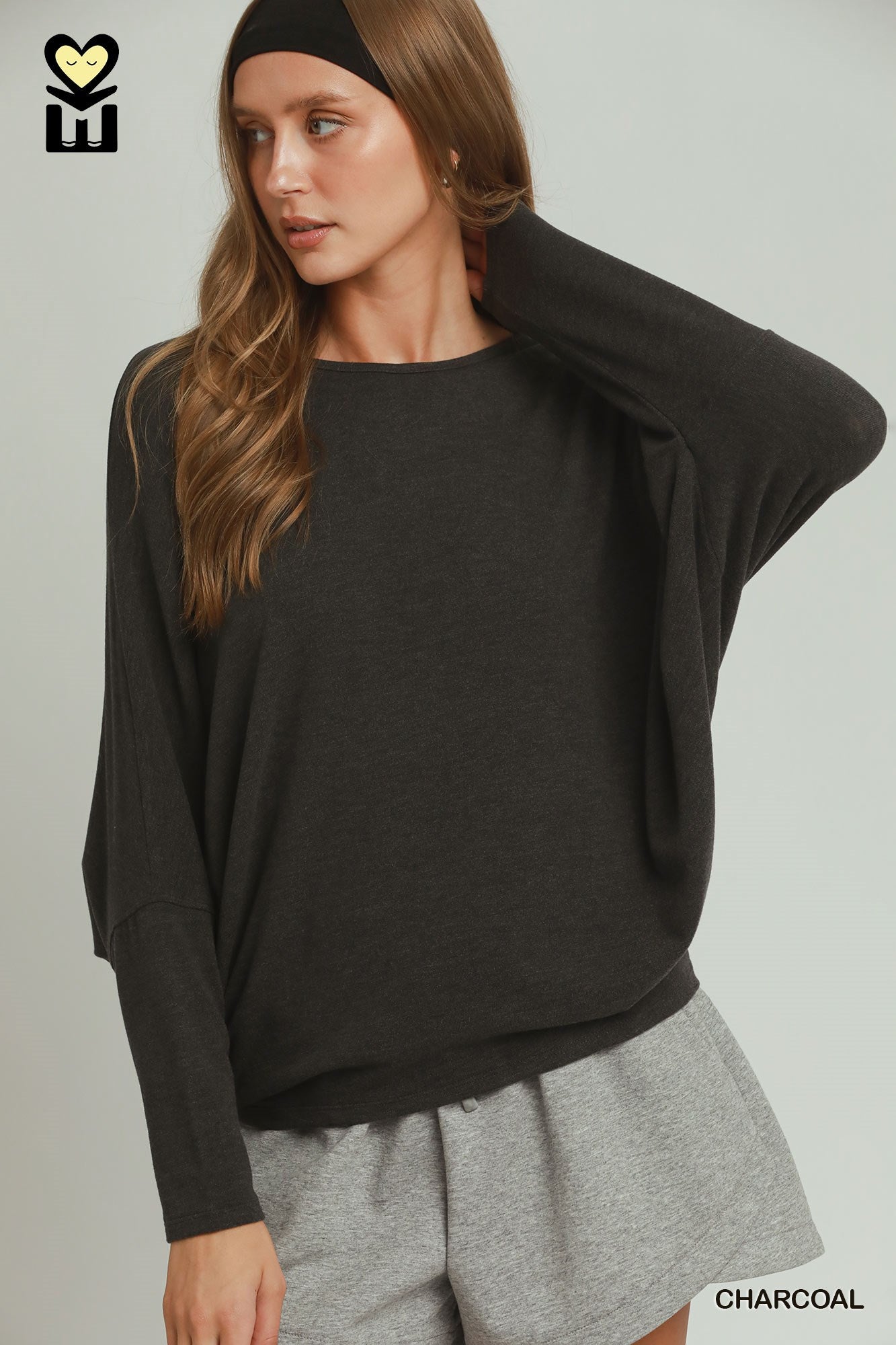 UMGEE Charcoal Batwing Round Neck Long Sleeve Top