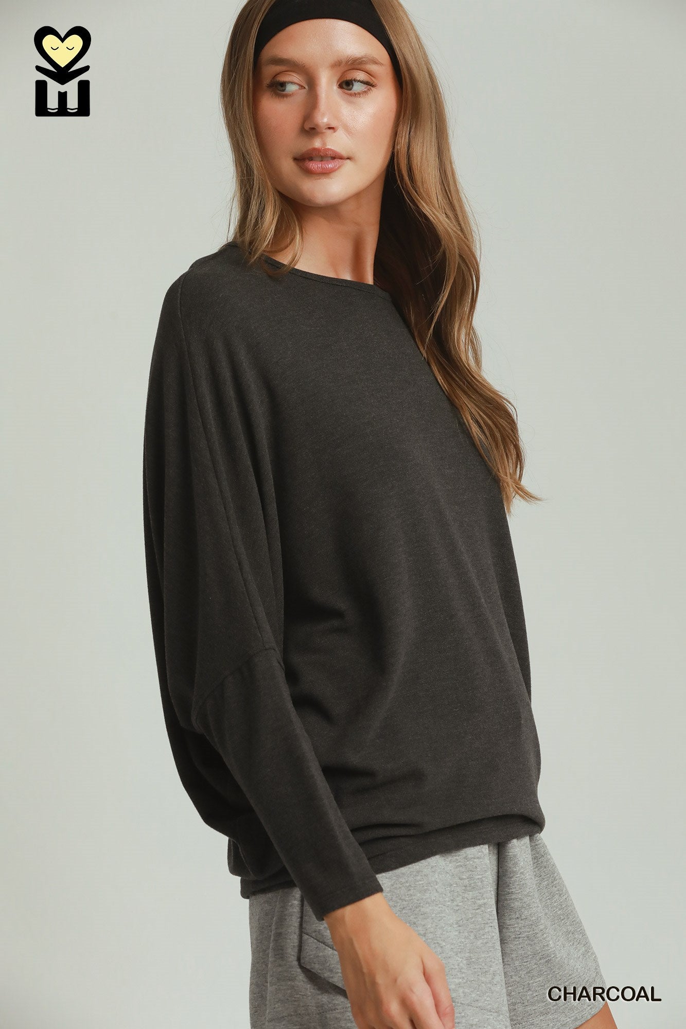 UMGEE Charcoal Batwing Round Neck Long Sleeve Top