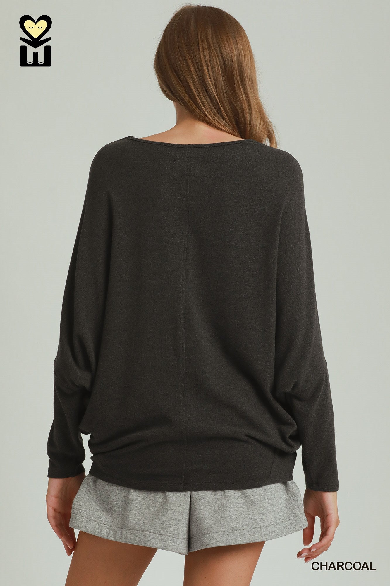 UMGEE Charcoal Batwing Round Neck Long Sleeve Top