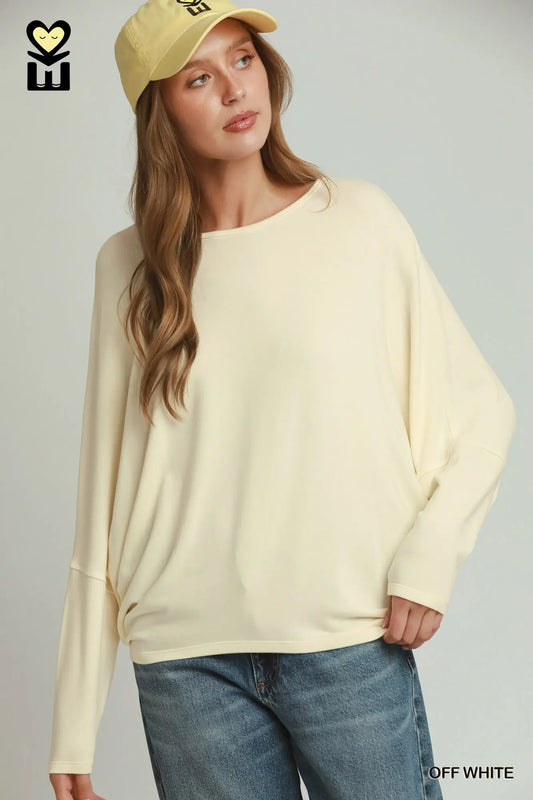 UMGEE Off White Batwing Round Neck Long Sleeve Top