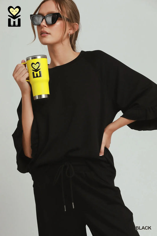 UMGEE Black Round Neck Ruffle Tier Raglan Sleeve Top