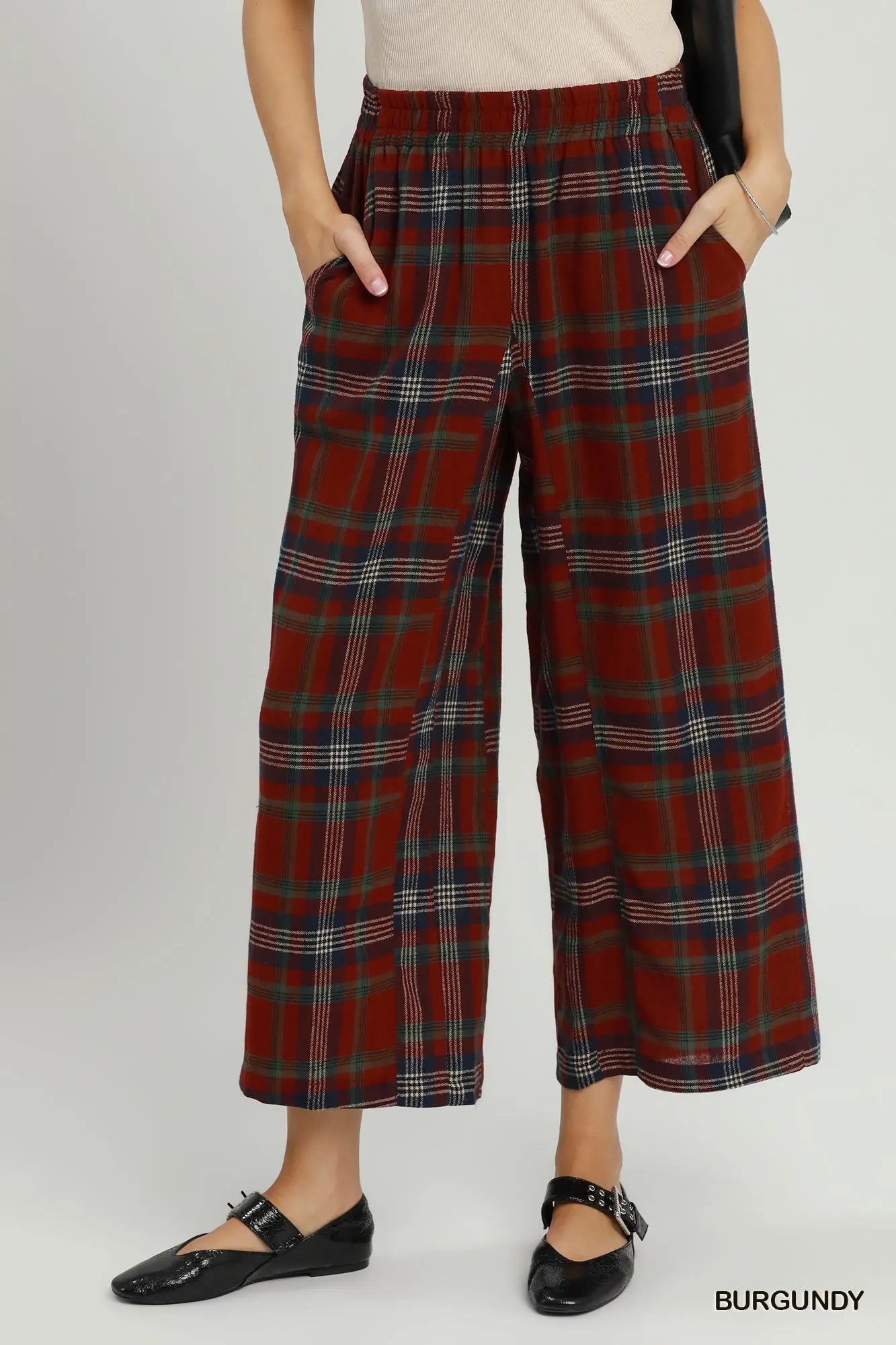 UMGEE Burgundy Linen Blend Plaid Wide Leg Cropped Pants