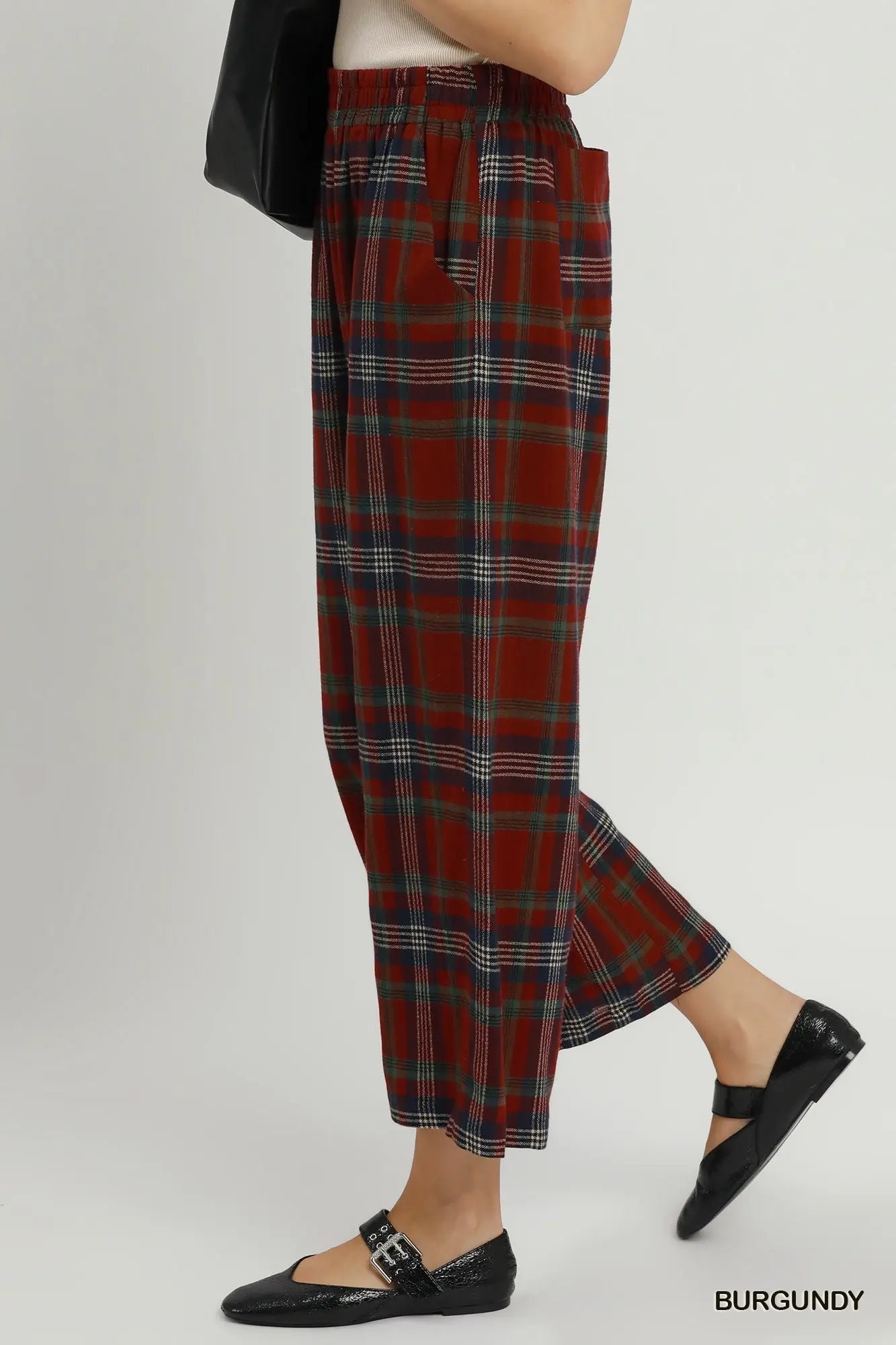 UMGEE Burgundy Linen Blend Plaid Wide Leg Cropped Pants