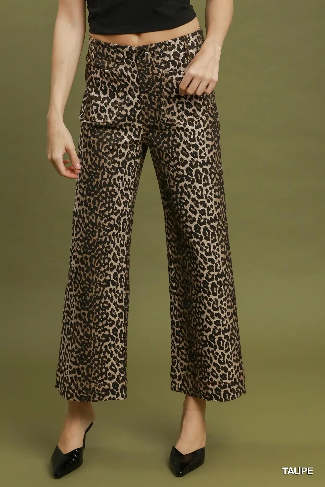 UMGEE Taupe Leopard Print Wide Leg Cropped Pants