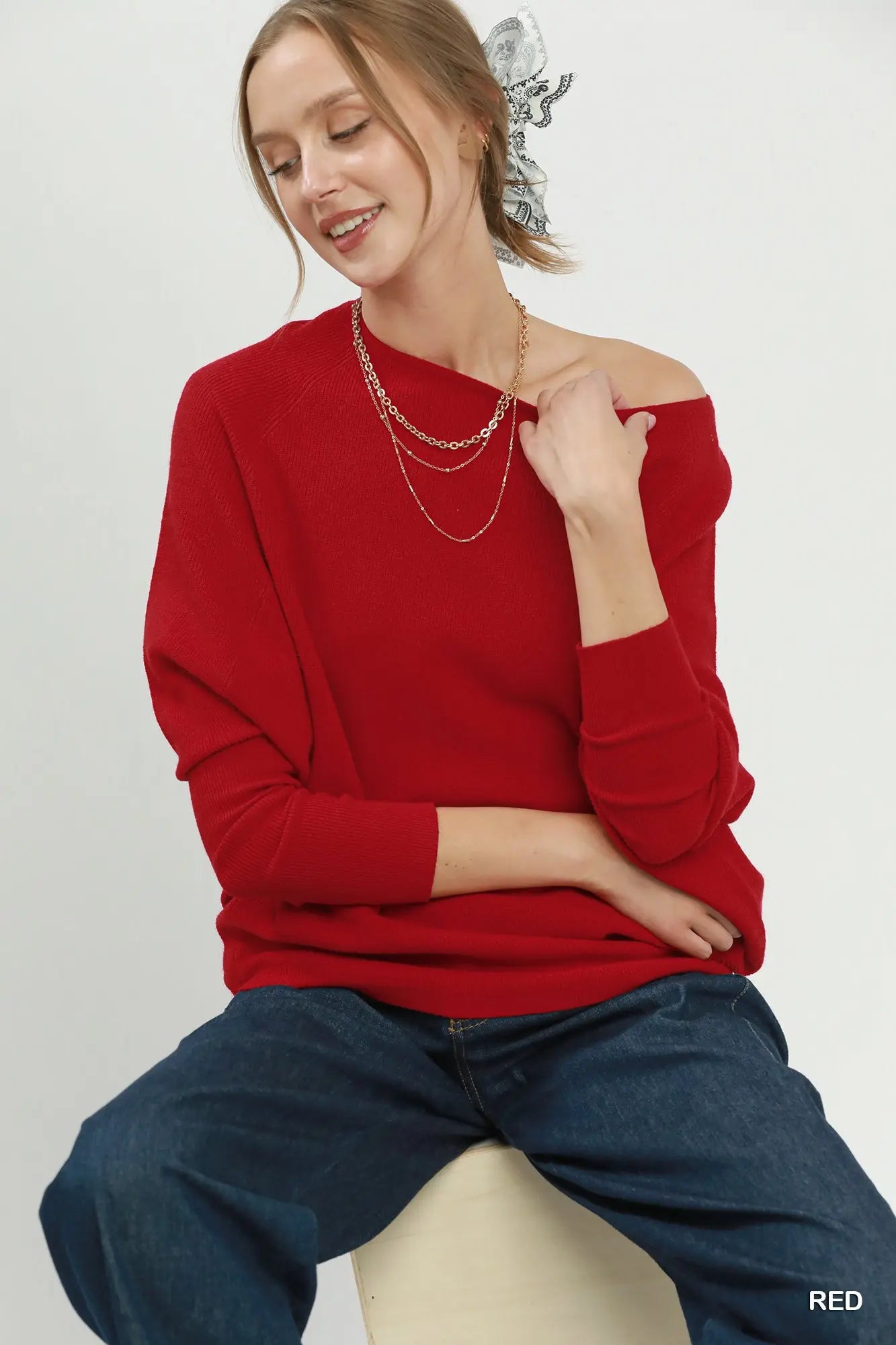 UMGEE Red Boat Neck Knit Sweater Top