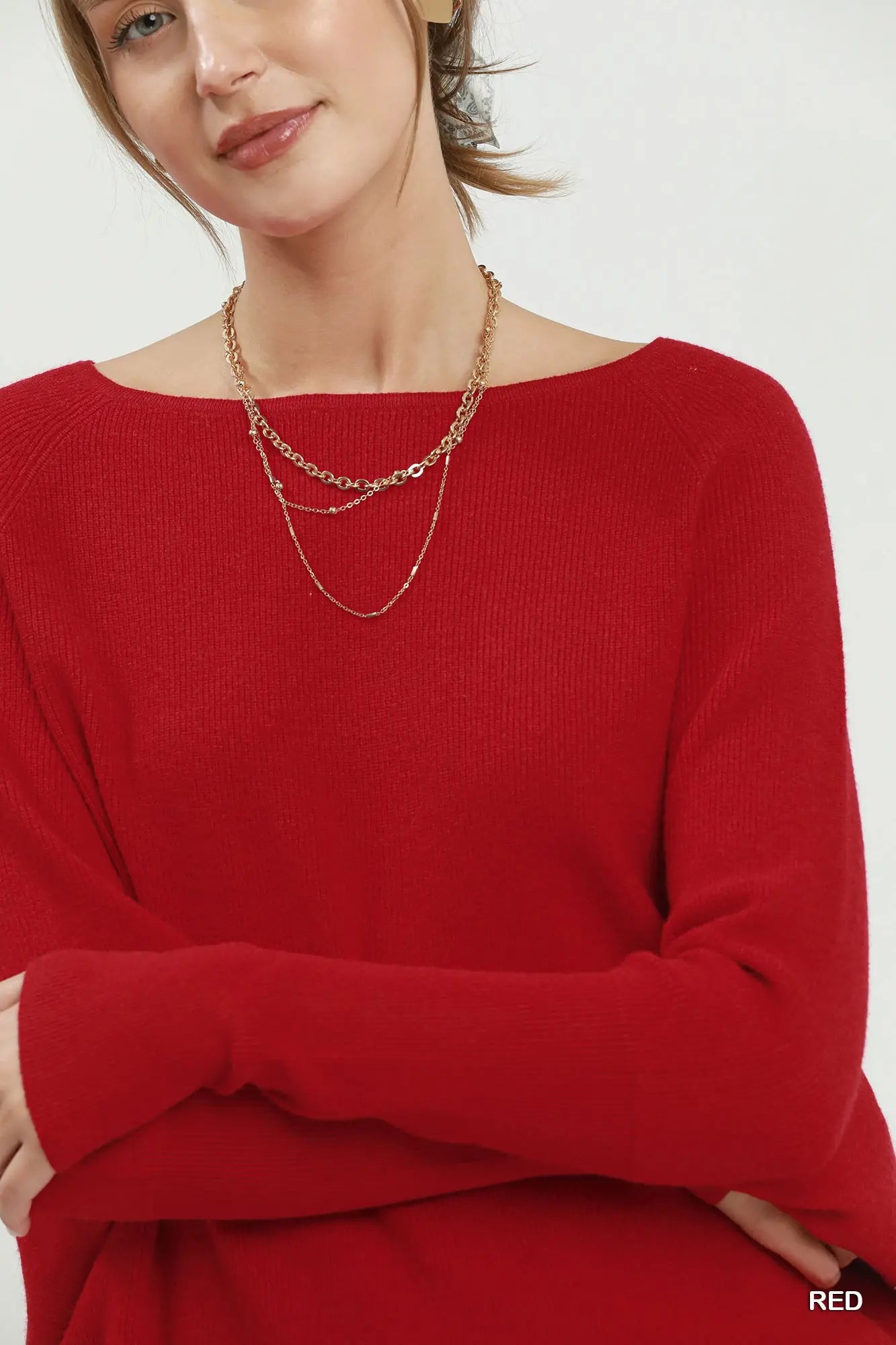 UMGEE Red Boat Neck Knit Sweater Top