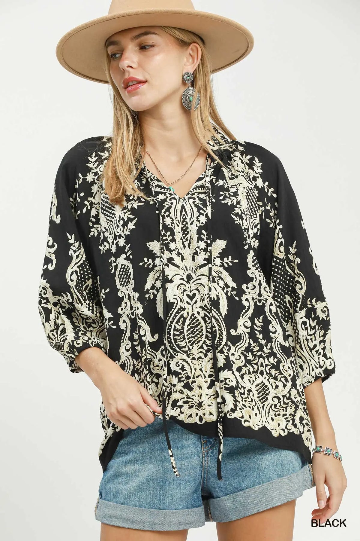 UMGEE Black Boho Border Print Tie Neck Blouse