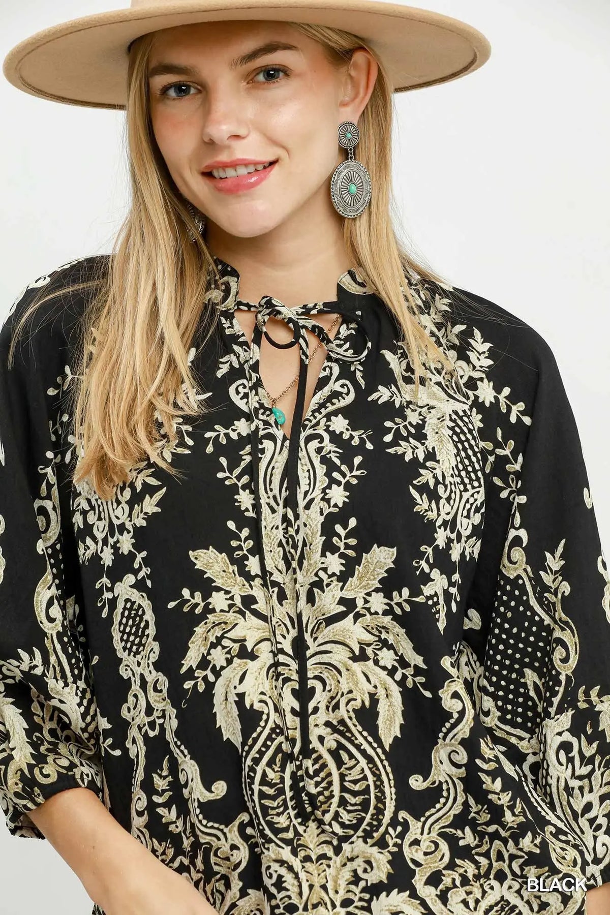 UMGEE Black Boho Border Print Tie Neck Blouse