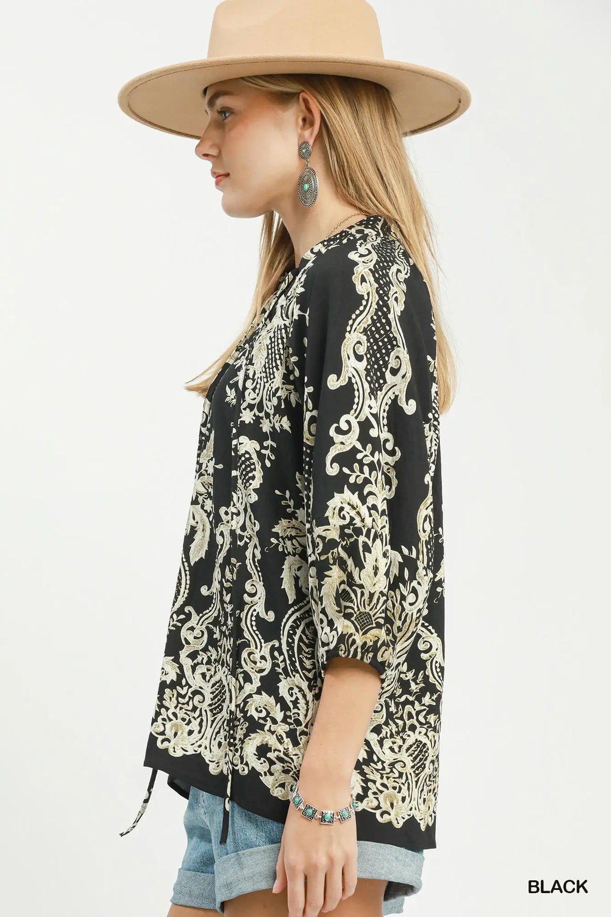 UMGEE Black Boho Border Print Tie Neck Blouse